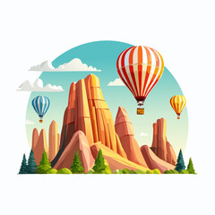 A dynamic vector scene of vibrant hot air balloons soaring over the iconic rock formations