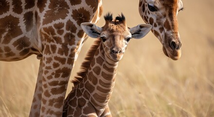 A tender moment in the wild: a young giraffe calf standing next to its mother, looking curious, within a grassy field setting.