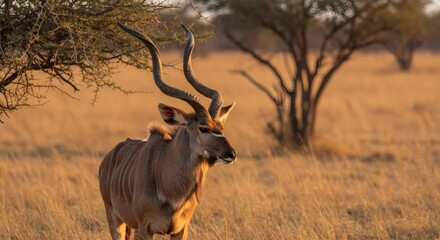 Majestic Kudu bull with spiraling horns stands proudly amidst the golden savanna, a symbol of African wildlife and natural beauty.
