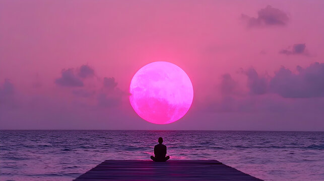 Silhouette Person Meditating at Sunset Over Pink Ocean