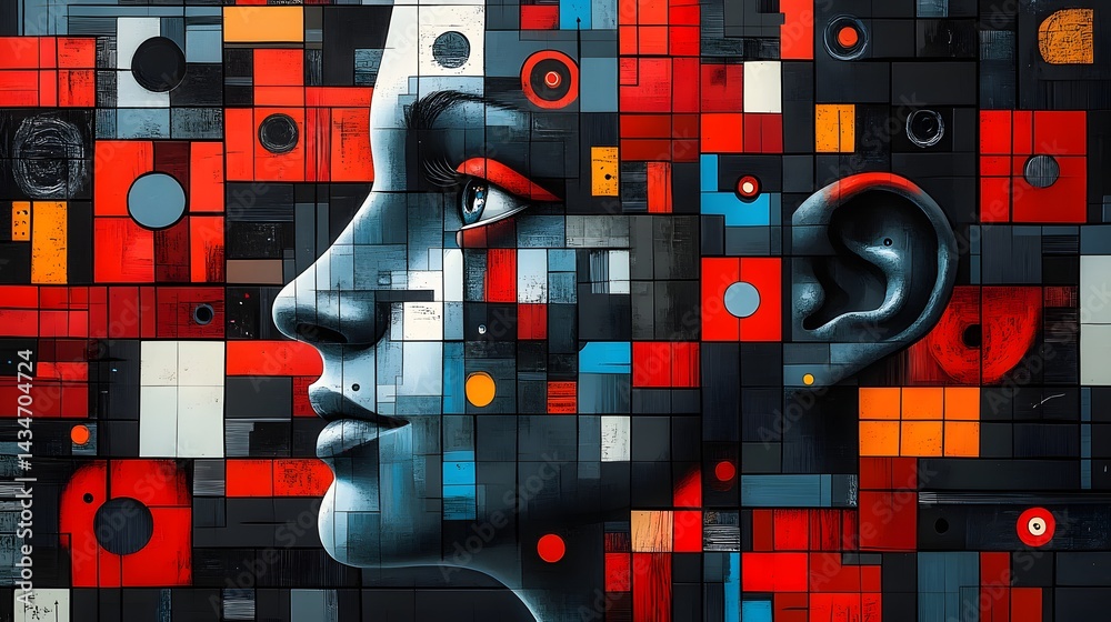 Aufkleber abstract mosaic face art featuring bold geometric shapes and a vibrant color palette. a unique blend