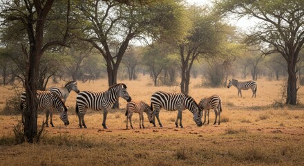 Obraz premium A dazzle of zebras grazing peacefully in the African savanna, amidst trees, showcasing their striking stripes in the golden light.