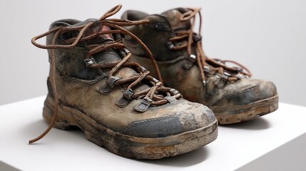 Well-worn hiking boots, perfect for outdoor adventures, are placed on a white table and display signs of a trek across rugged terrain.