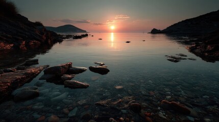 Sunset dipping below sea coastal view photography serene environment overlooking water realistic concept