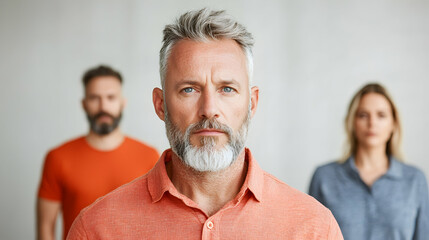 Fototapeta premium Portrait of a Serious Man with a Team in the Background