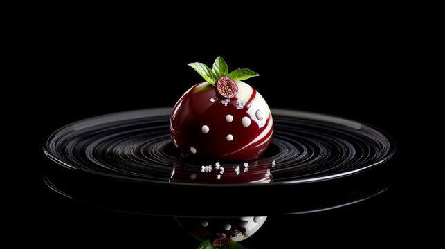 Elegant spherical culinary creation with glossy finish on artistic plate
