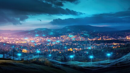 Fototapeta premium A vibrant city at night, connected by a luminous network.