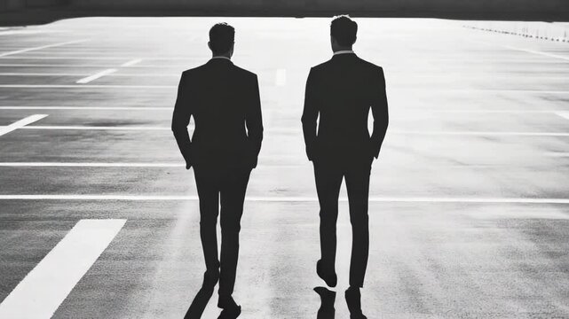 Two silhouetted businesspeople walking forward on a concrete surface, dressed in suits, in a monochrome filtered parking lot environment