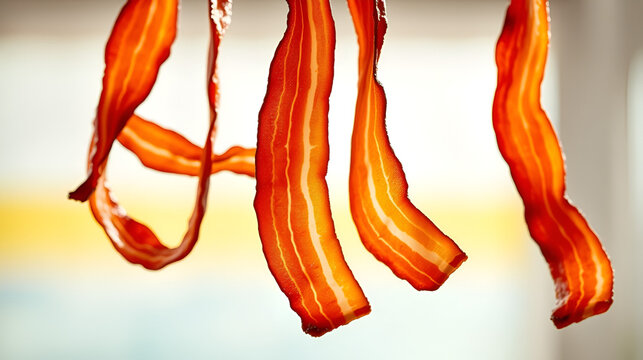 An enticing image of bacon strips suspended beautifully in mid-air, showcasing their crispy texture and tantalizing appeal against a bright, cheerful backdrop.