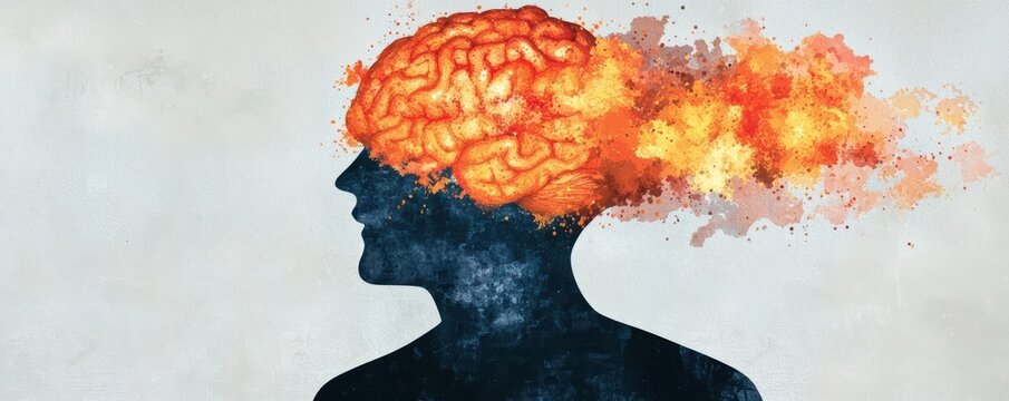 A silhouette of a head with a vibrant brain, emitting colorful bursts, symbolizing creativity and mental energy.