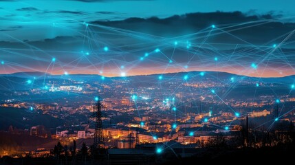 Night cityscape interconnected by a digital network.