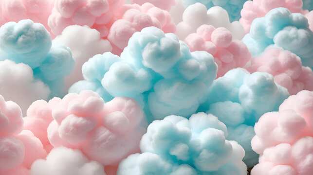 Pastel colored cotton candy clouds with fluffy white and pink puffs, playful atmosphere, sugar rush, light airy