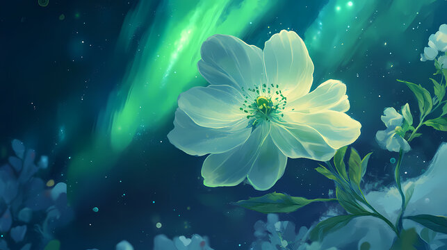A floral aurora borealis in quantum floral fusion where delicate flower patterns intertwine with quantum physics imagery in aurora green and polar nigh.jpe. Quantum Blossom. Illustration