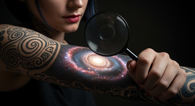 Galaxy arm tattoo inspected through magnifying glass.