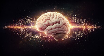 Brain resonating with music, notes, and creative intelligence
