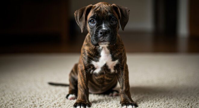 Young Boxer puppy with brindle coat and white chest patch sitting on carpeted floor indoors