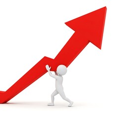 Stick figure holding a large red upward pointing arrow