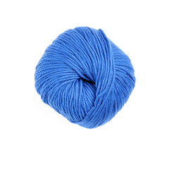 Blue woolen yarn isolated on white, top view