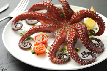 Fried octopus with herb sauce and tomatoes on dark textured table, closeup