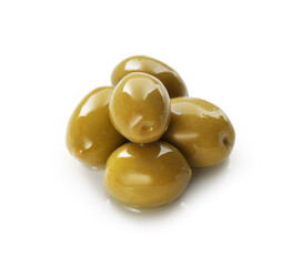 Delicious marinated green olives isolated on white