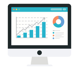 Web analytic information on Computer screen flat icon. trend graphs report concept. statistic charts for planning and accounting, analysis, audit,