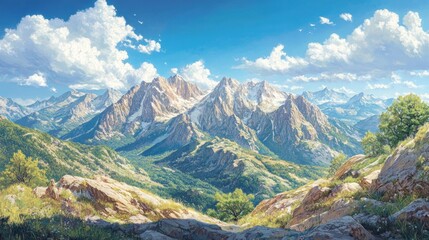 Obraz premium Majestic Mountain Vista, Sunny Sky, Travel Poster