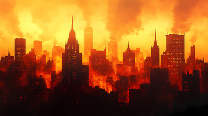 Fiery cityscape at dusk, with silhouetted spires and glowing embers against a smoky sky, evoking a mysterious and hauntingly beautiful atmosphere. Ember Spire. Illustration