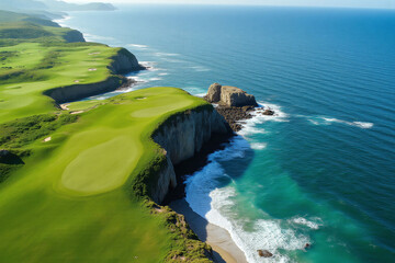 aerial view of a golf course near the ocean