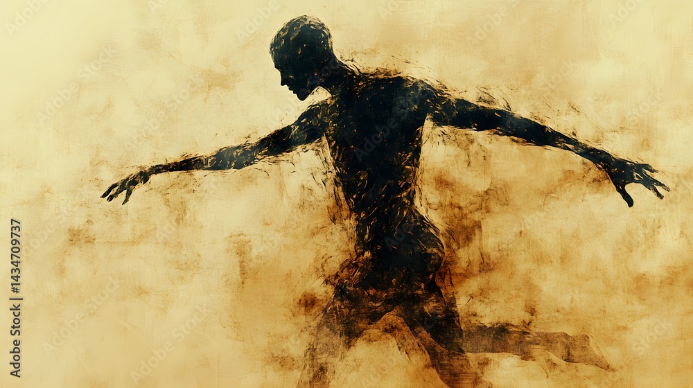 Poster dynamic figure in motion, evoking energy and purpose. earthy tones create a grounded feel. brushstro