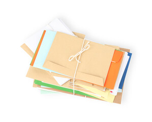 Stack of different paper envelopes on white background, top view. Post office