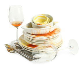 Dirty dishes, glasses and cutlery isolated on white