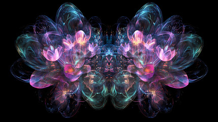 Obraz premium A floral aurora borealis in quantum floral fusion, where delicate lotus flower patterns intertwine with quantum physics imagery, generative ai illustrations. Quantum Blossom. Illustration