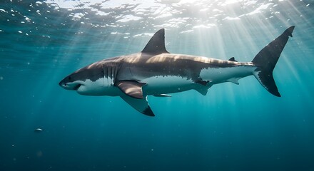 Obraz premium Shark Swimming Underwater with Sunlight