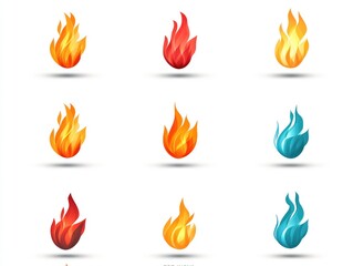 Colorful fire icons on white background