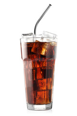 Glass of cola with ice cubes isolated on white