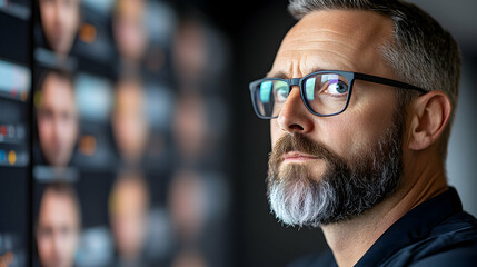 Portrait of a Middle Aged Man with Beard and Glasses, Deep in Thought Before a Screen Showing Many Faces