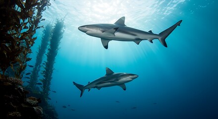 Obraz premium Sharks Swimming Underwater in Ocean