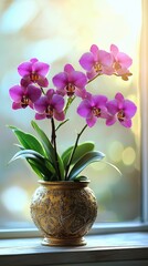 A stunning purple orchid plant with delicate petals blooms in a decorative golden pot, light-filled.