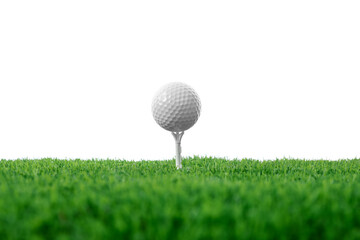 Golf ball, tee and green grass against white background