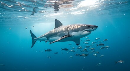 Naklejka premium Shark Swimming Underwater with Fish