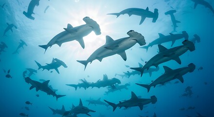 Obraz premium Hammerhead Sharks Swimming Underwater