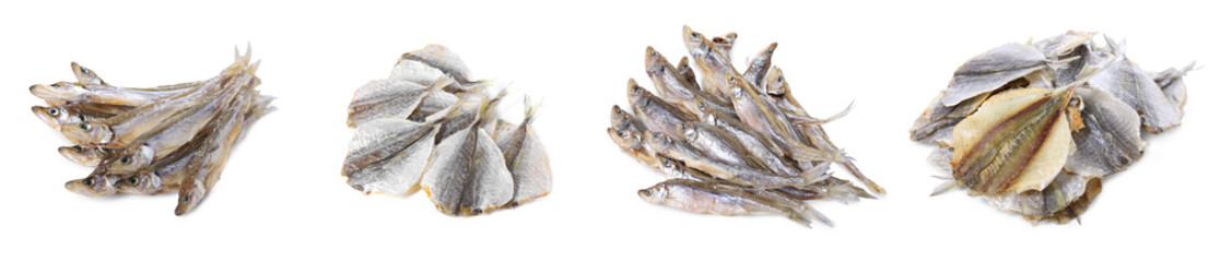 Different dried fish isolated on white, set