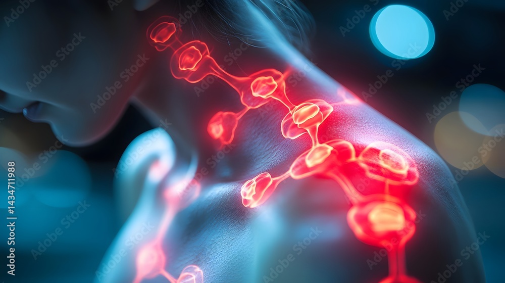 Poster Stylized depiction of interconnected cellular structures overlaying skin, illuminated by cool blue tones and bokeh. A symbolic representation of health or internal networks Abstract Medical Background