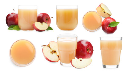 Tasty apple juice on white background, collage