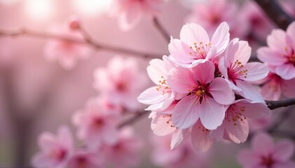 Obraz premium Delicate pink cherry blossoms, full bloom, soft petals , background, nature