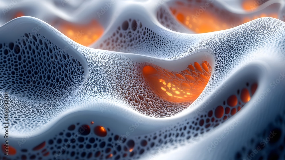 Poster Abstract cellular structure resembling bone or porous material, glowing orange within. Soft light enhances its 3D texture, creating a sense of otherworldly depth. Abstract Medical Pain