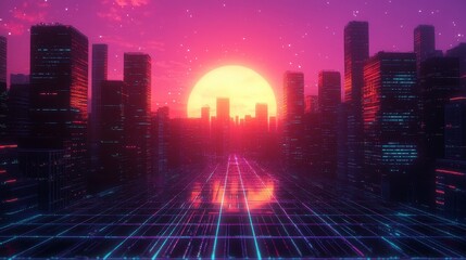 Obraz premium Futuristic cityscape at sunset, bathed in vibrant neon light.