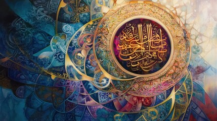 Obraz premium Islamic calligraphy art, vibrant colors, intricate design, cultural background, decor