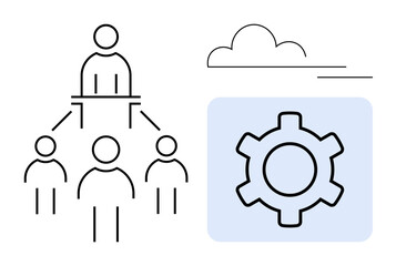 Obraz premium Team organization hierarchy with leader and members, gear symbolizing settings or productivity, minimal cloud for connectivity. Ideal for teamwork, leadership, organization, cloud solutions