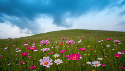 Cosmos flower hill field under dark cloudy sky